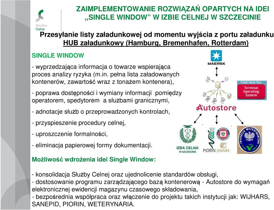 pełna lista załadowanych kontenerów, zawartość wraz z tonażem kontenera), - poprawa dostępności i wymiany informacji pomiędzy operatorem, spedytorem a służbami granicznymi, - adnotacje służb o