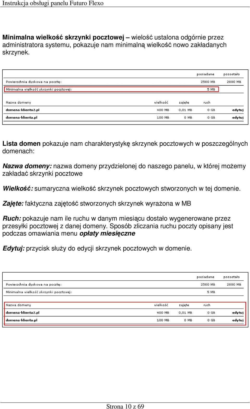 pocztowe Wielkość: sumaryczna wielkość skrzynek pocztowych stworzonych w tej domenie.
