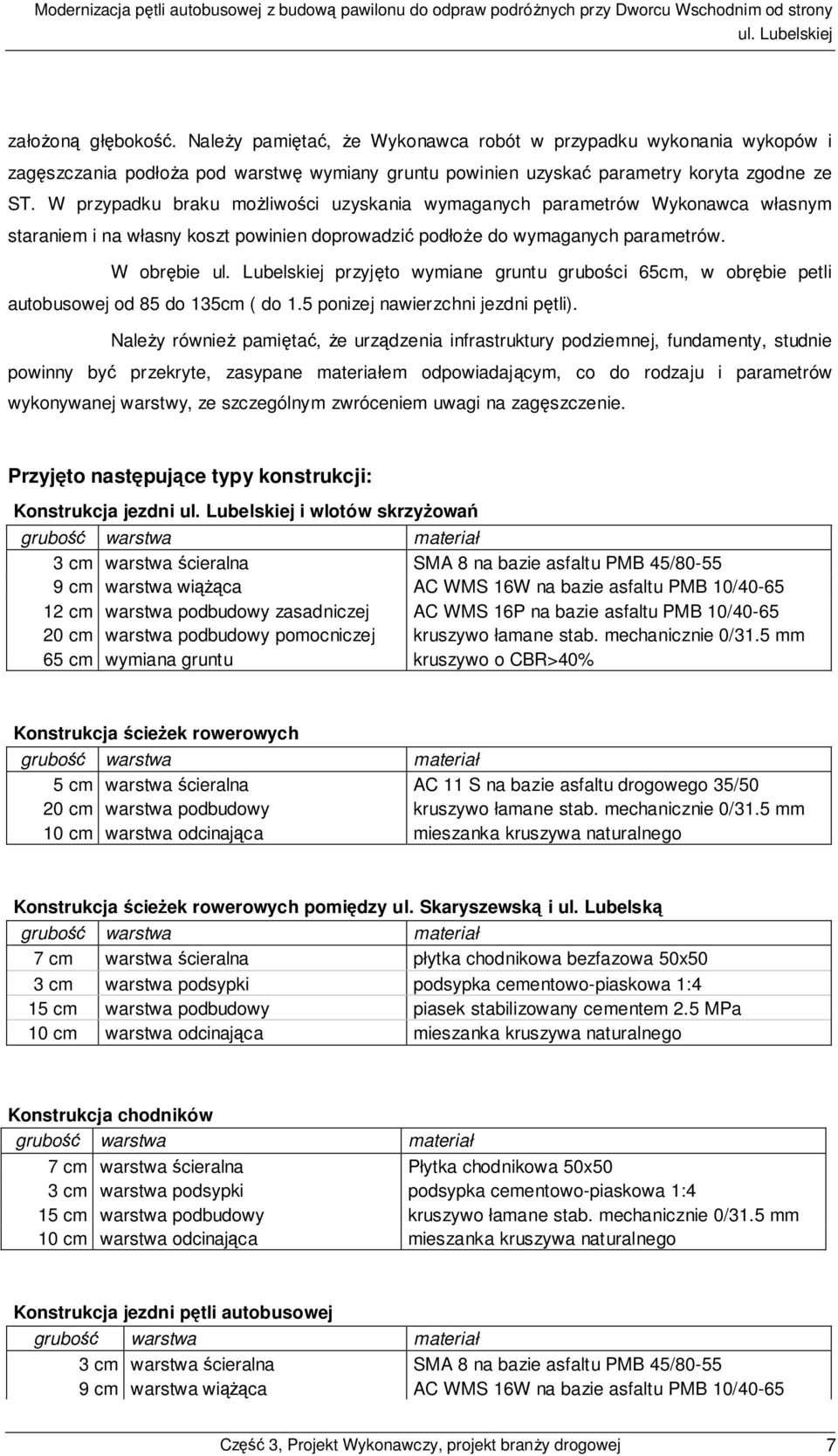 W obrębie przyjęto wymiane gruntu grubości 65cm, w obrębie petli autobusowej od 85 do 135cm ( do 1.5 ponizej nawierzchni jezdni pętli).