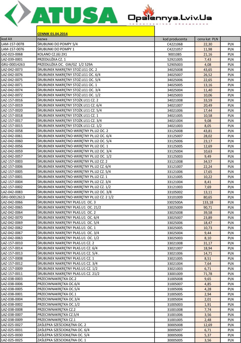 2 34025008 43,65 PLN LAZ-042-0076 ŚRUBUNEK NAKRĘTNY STOŻ.U11 OC. 6/4 34025007 26,52 PLN LAZ-042-0075 ŚRUBUNEK NAKRĘTNY STOŻ.U11 OC. 5/4 34025006 22,65 PLN LAZ-042-0071 ŚRUBUNEK NAKRĘTNY STOŻ.U11 OC. 1 34025005 13,16 PLN LAZ-042-0074 ŚRUBUNEK NAKRĘTNY STOŻ.