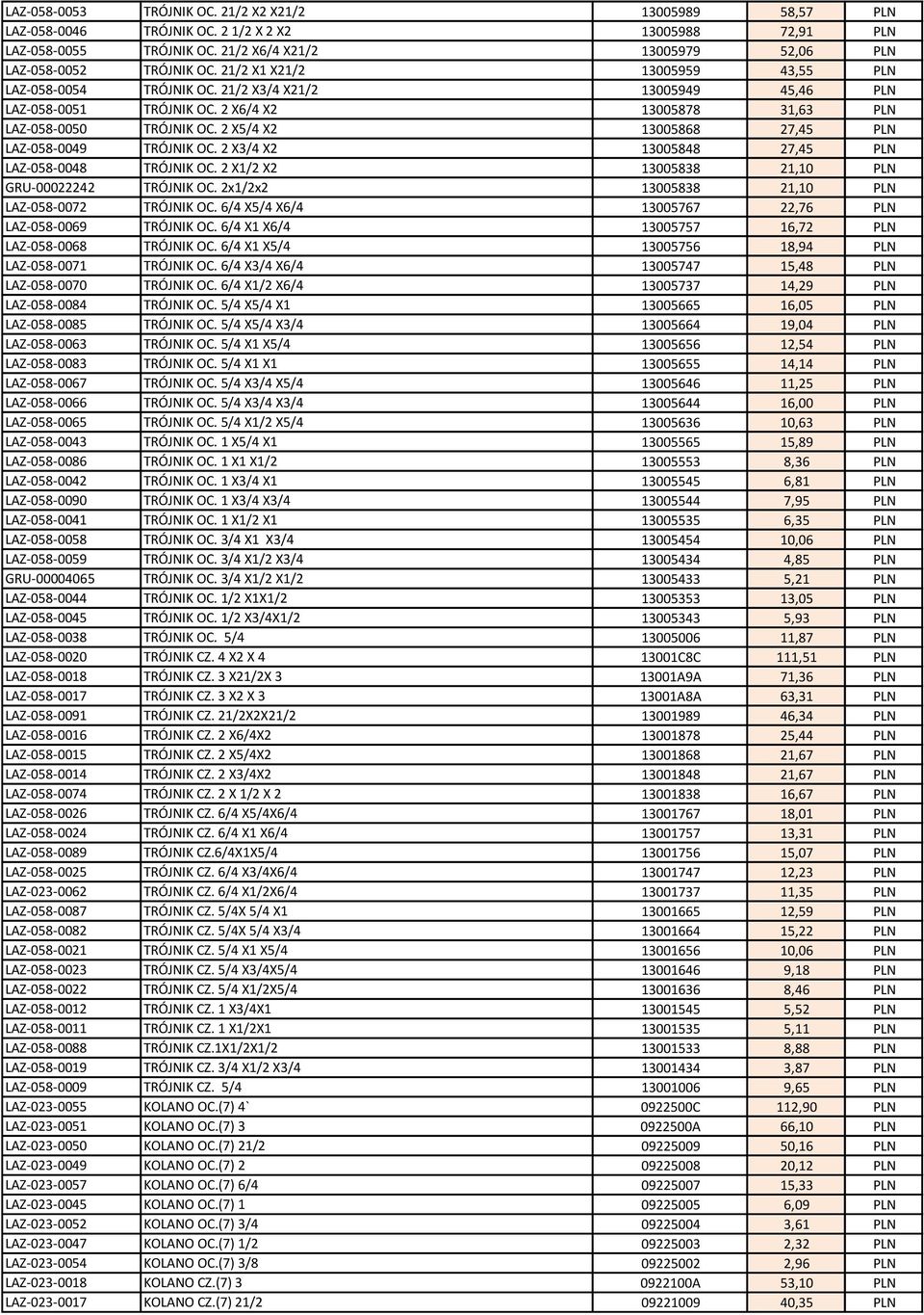 2 X5/4 X2 13005868 27,45 PLN LAZ-058-0049 TRÓJNIK OC. 2 X3/4 X2 13005848 27,45 PLN LAZ-058-0048 TRÓJNIK OC. 2 X1/2 X2 13005838 21,10 PLN GRU-00022242 TRÓJNIK OC.