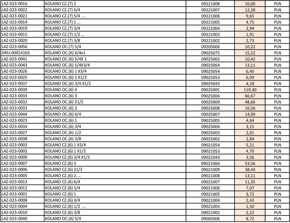 (7) 5/4 09205006 10,22 PLN GRU-00014165 KOLANO OC.(6) 6/4x1 09025075 15,22 PLN LAZ-023-0041 KOLANO OC.(6) 5/4X 1 09025065 10,42 PLN LAZ-023-0043 KOLANO OC.