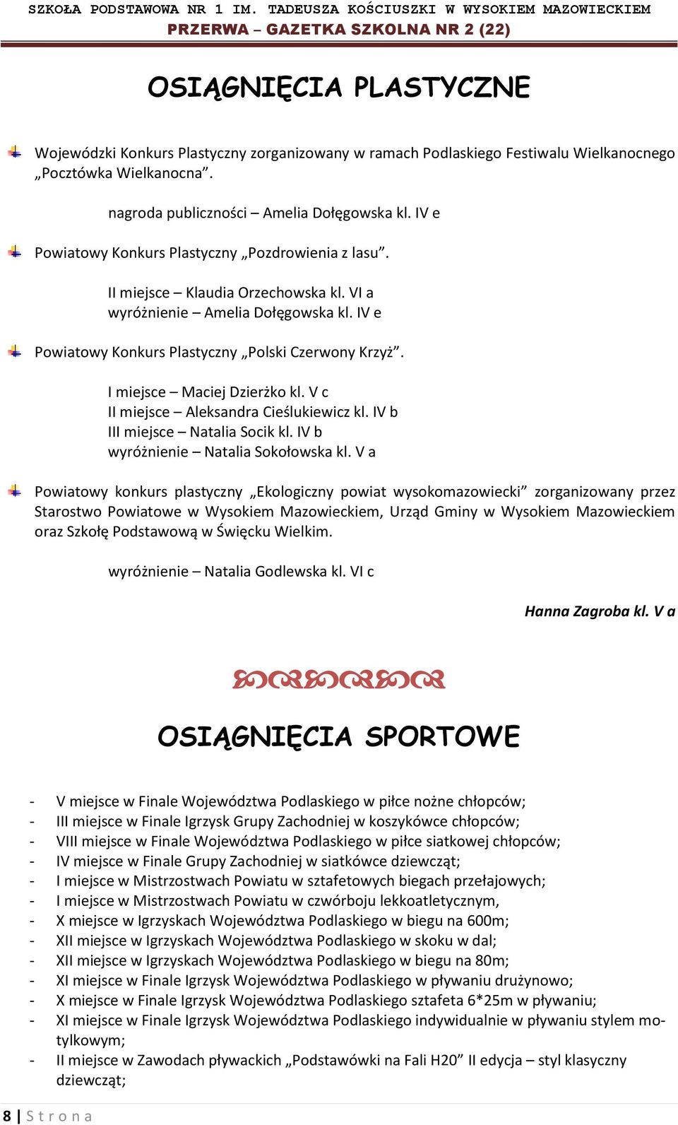 I miejsce Maciej Dzierżko kl. V c II miejsce Aleksandra Cieślukiewicz kl. IV b III miejsce Natalia Socik kl. IV b wyróżnienie Natalia Sokołowska kl.