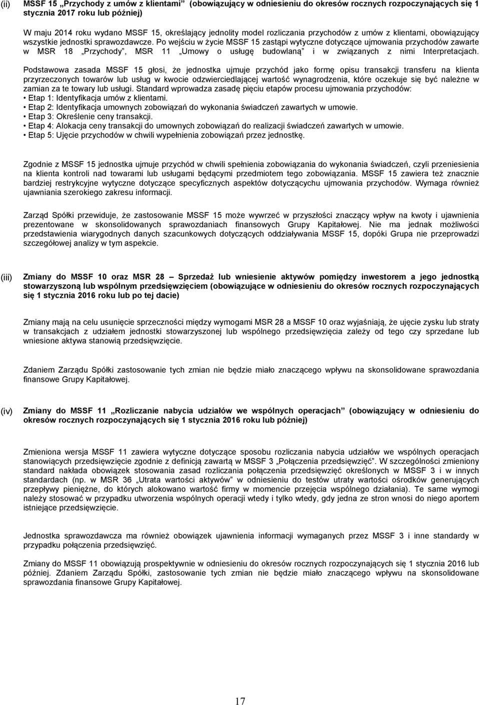 Po wejściu w życie MSSF 15 zastąpi wytyczne dotyczące ujmowania przychodów zawarte w MSR 18 Przychody, MSR 11 Umowy o usługę budowlaną i w związanych z nimi Interpretacjach.