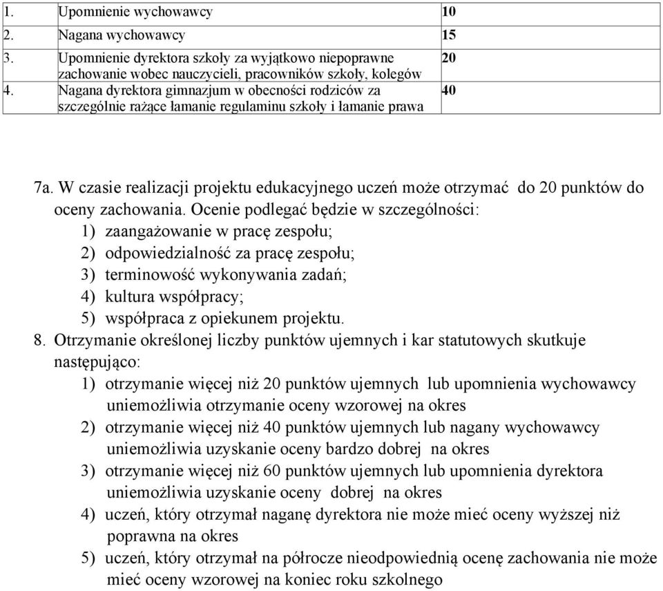 W czasie realizacji projektu edukacyjnego uczeń może otrzymać do punktów do oceny zachowania.