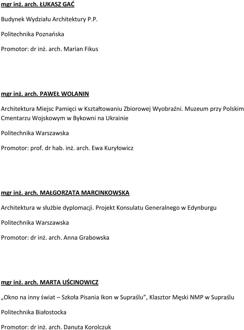 Ewa Kuryłowicz mgr inż. arch. MAŁGORZATA MARCINKOWSKA Architektura w służbie dyplomacji. Projekt Konsulatu Generalnego w Edynburgu Politechnika Warszawska Promotor: dr inż.