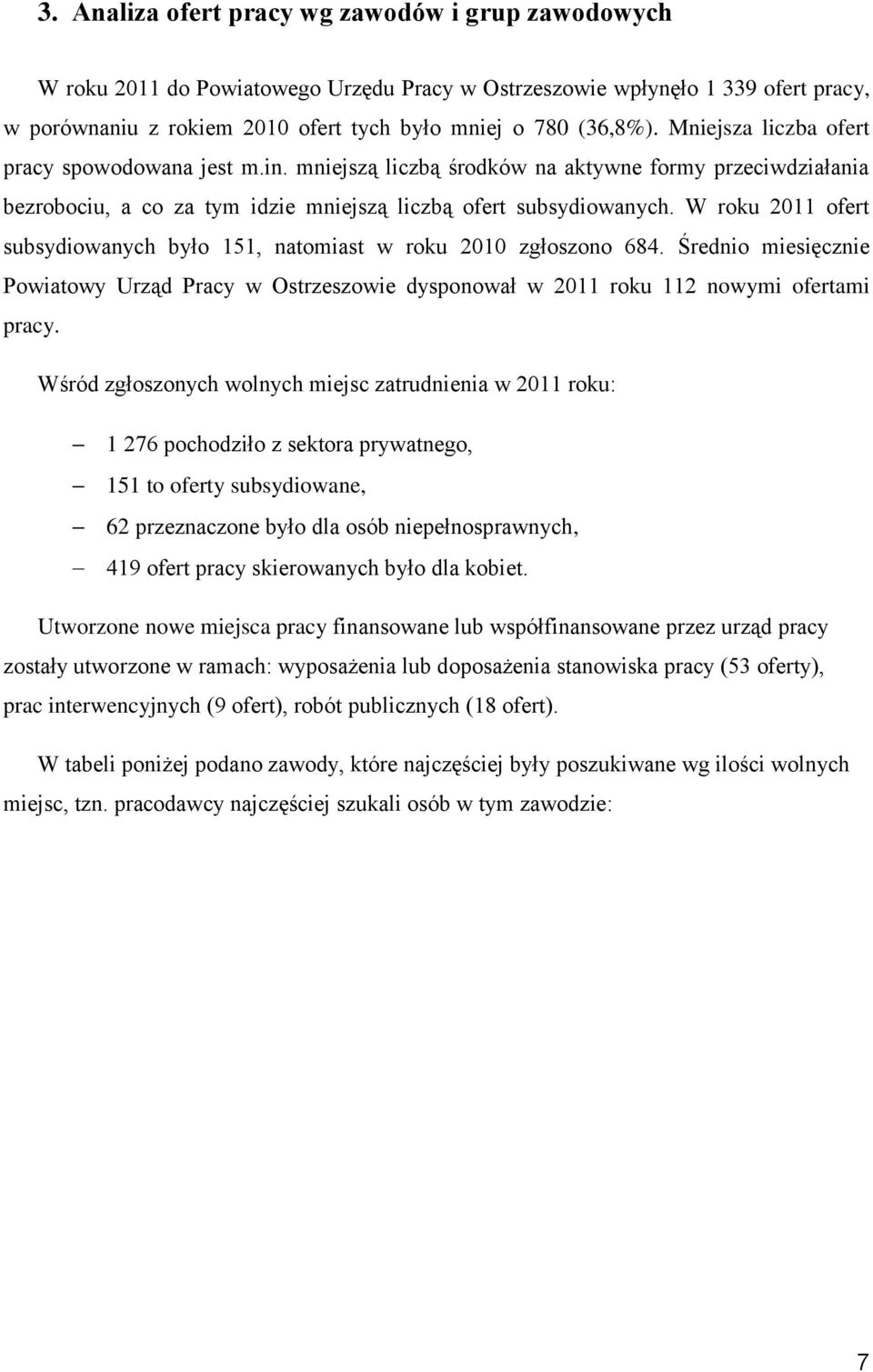 W roku 2011 ofert subsydiowanych było 151, natomiast w roku 2010 zgłoszono 684. Średnio miesięcznie Powiatowy Urząd Pracy w Ostrzeszowie dysponował w 2011 roku 112 nowymi ofertami pracy.