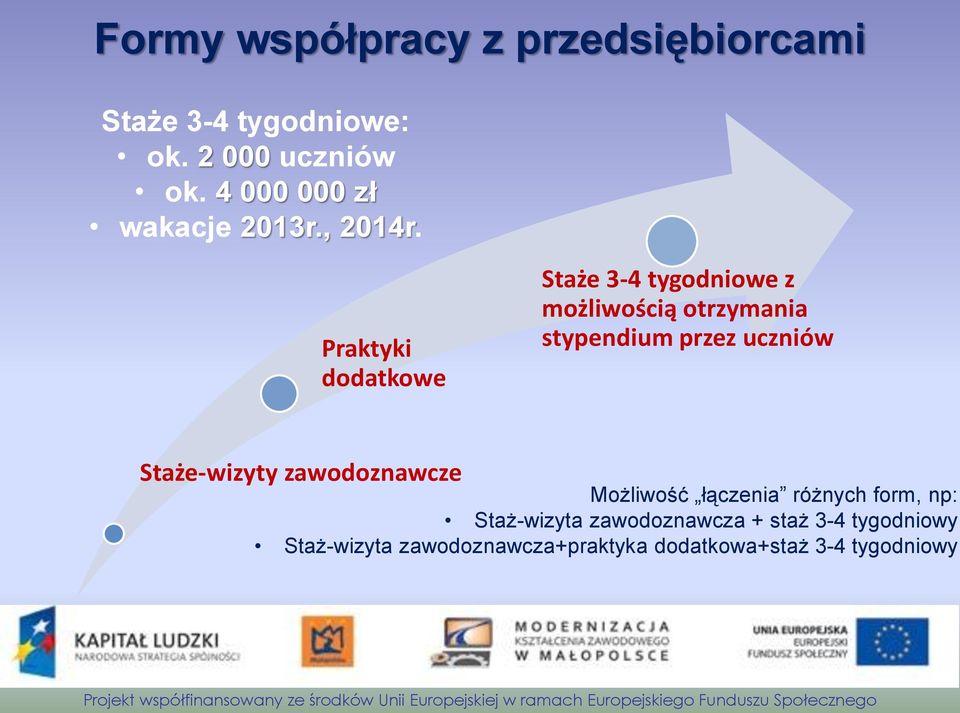 Praktyki dodatkowe Staże 3-4 tygodniowe z możliwością otrzymania stypendium przez uczniów