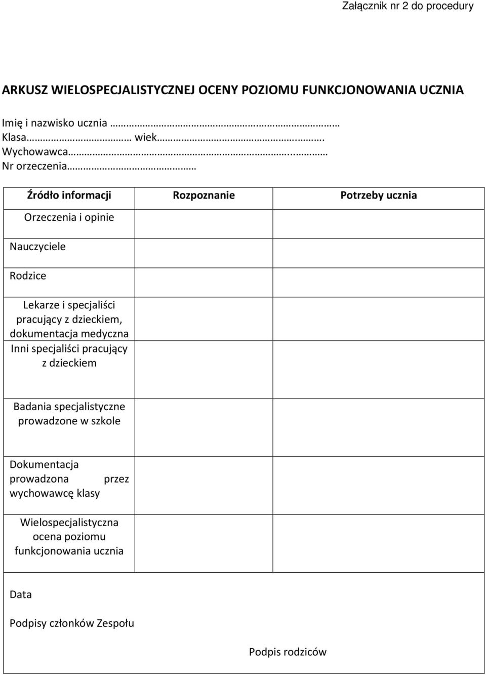 . Nr orzeczenia Źródło informacji Rozpoznanie Potrzeby ucznia Orzeczenia i opinie Nauczyciele Rodzice Lekarze i specjaliści pracujący