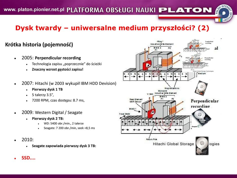 wzrost gęstości zapisu! 2007: Hitachi (w 2003 wykupił IBM HDD Devision) Pierwszy dysk 1 TB 5 talerzy 3.