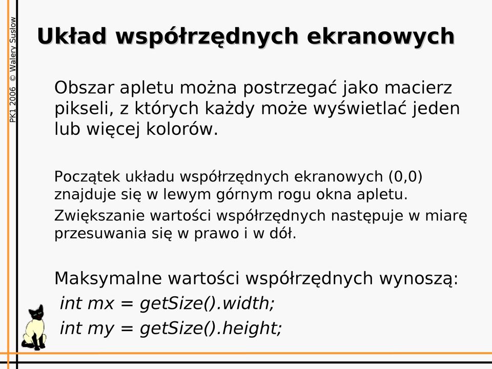 Początek układu współrzędnych ekranowych (0,0) znajduje się w lewym górnym rogu okna apletu.