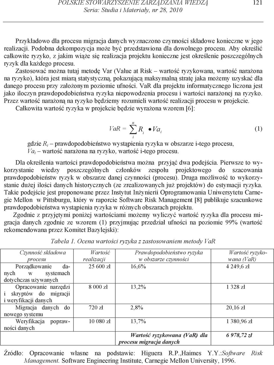 Zastosowa mo na tutaj metod Var (Value at Risk warto ryzykowana, warto nara ona na ryzyko), która jest miar statystyczn, pokazuj c maksymaln strat jaka mo emy uzyska dla danego procesu przy zało onym