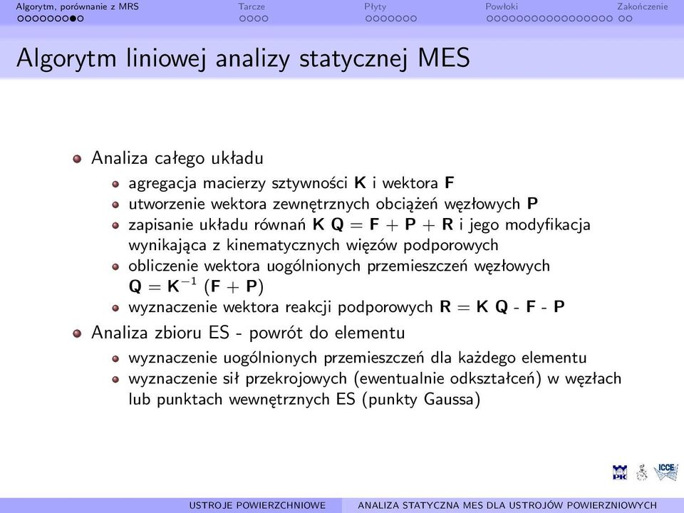 przemieszczeń węzłowych Q = K 1 (F + P) wyznaczenie wektora reakcji podporowych R = K Q - F - P Analiza zbioru ES - powrót do elementu wyznaczenie