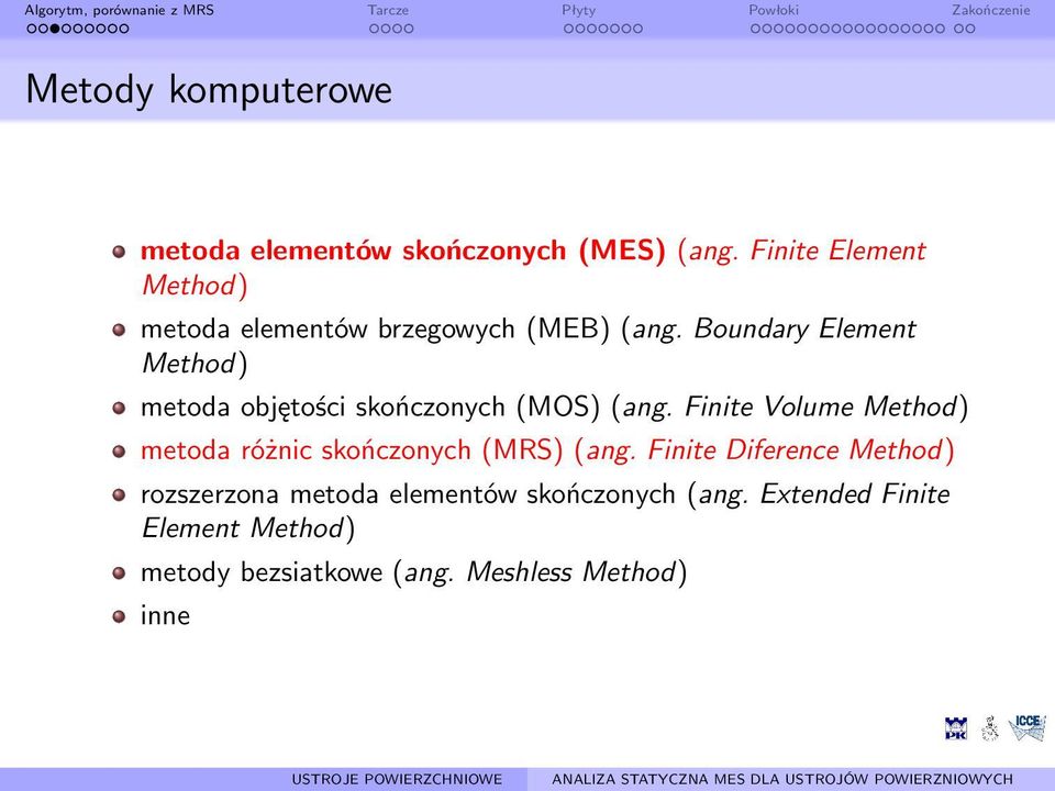 Boundary Element Method) metoda objętości skończonych (MOS) (ang.