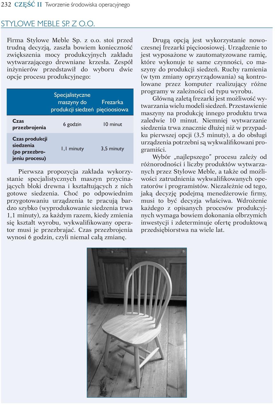 pięcioosiowa 6 godzin 10 minut 1,1 minuty 3,5 minuty Pierwsza propozycja zakłada wykorzystanie specjalistycznych maszyn przycinających bloki drewna i kształtujących z nich gotowe siedzenia.