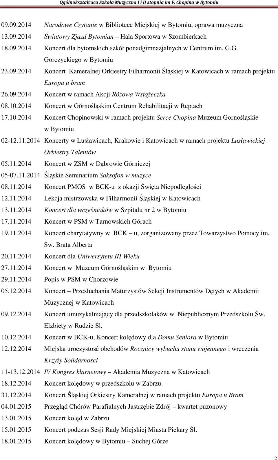 2014 Koncert w Górnośląskim Centrum Rehabilitacji w Reptach 17.10.2014 Koncert Chopinowski w ramach projektu Serce Chopina Muzeum Gornośląskie 02-12.11.