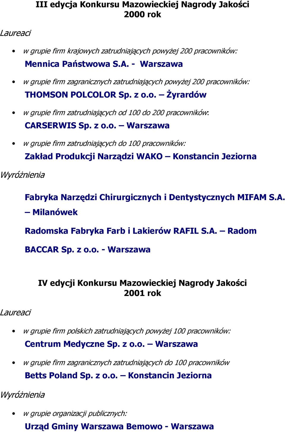 yżej 200 pracowników: THOMSON POLCOLOR Sp. z o.o. Żyrardów w grupie firm zatrudniających od 100 do 200 pracowników: CARSERWIS Sp. z o.o. Warszawa w grupie firm zatrudniających do 100 pracowników: Zakład Produkcji Narządzi WAKO Konstancin Jeziorna Fabryka Narzędzi Chirurgicznych i Dentystycznych MIFAM S.