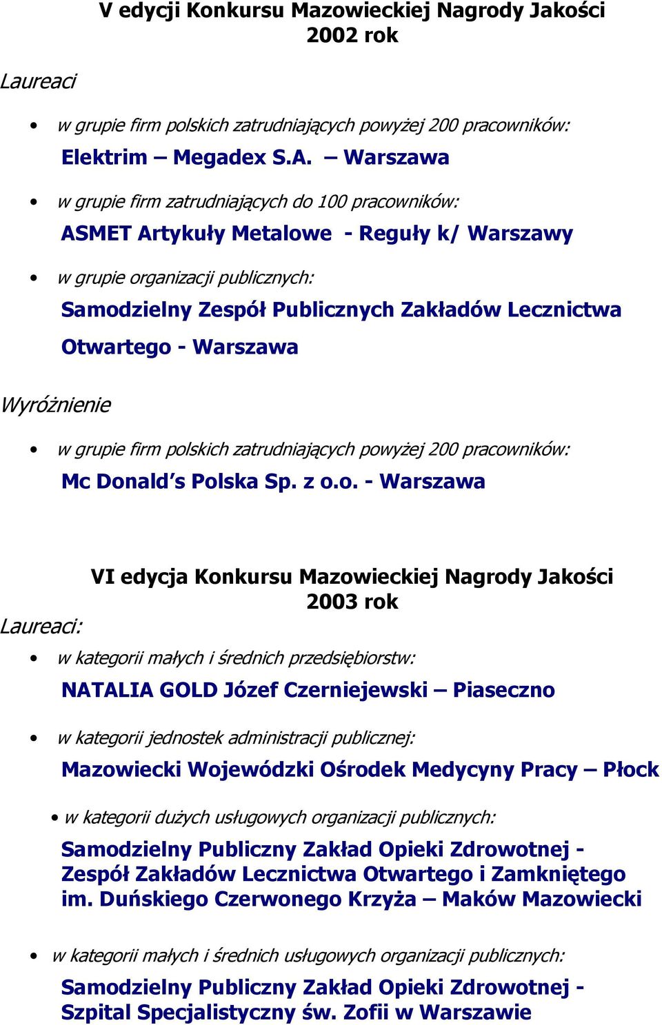 - Warszawa Wyróżnienie w grupie firm pol