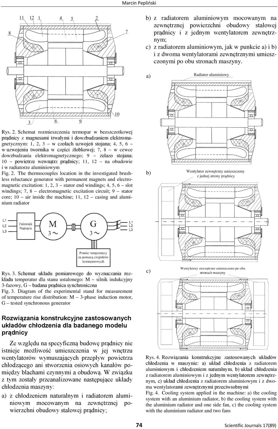Schemat rozmieszczenia termopar w bezszczotkowej prądnicy z magnesami trwałymi i dowzbudzaniem elektromagnetycznym: 1, 2, 3 w czołach uzwojeń stojana; 4, 5, 6 w uzwojeniu twornika w części żłobkowej;