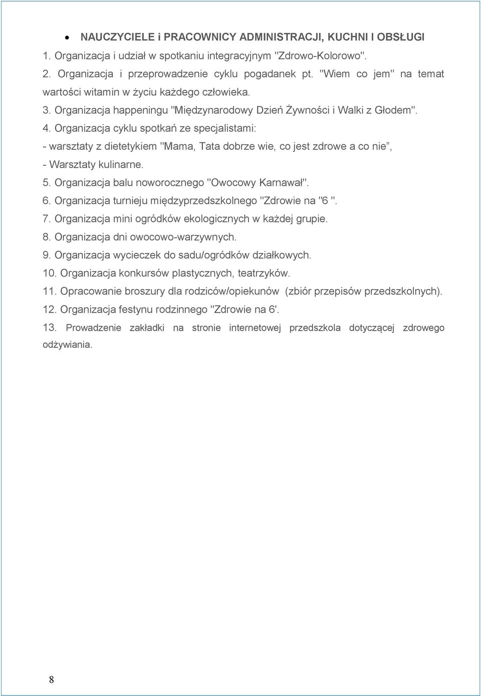 Organizacja cyklu spotkań ze specjalistami: - warsztaty z dietetykiem "Mama, Tata dobrze wie, co jest zdrowe a co nie, - Warsztaty kulinarne. 5. Organizacja balu noworocznego "Owocowy Karnawał". 6.