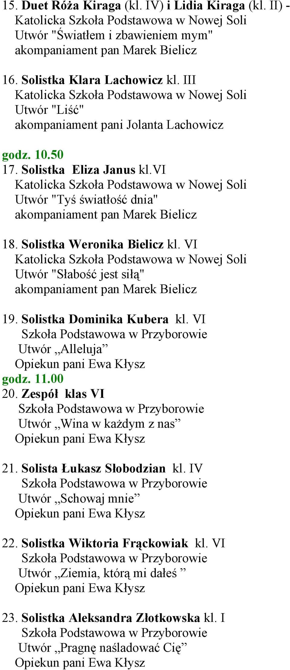 Solistka Weronika Bielicz kl. VI Utwór "Słabość jest siłą" 19. Solistka Dominika Kubera kl. VI Utwór Alleluja godz. 11.00 20.