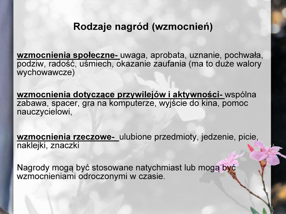 spacer, gra na komputerze, wyjście do kina, pomoc nauczycielowi, wzmocnienia rzeczowe- ulubione przedmioty,