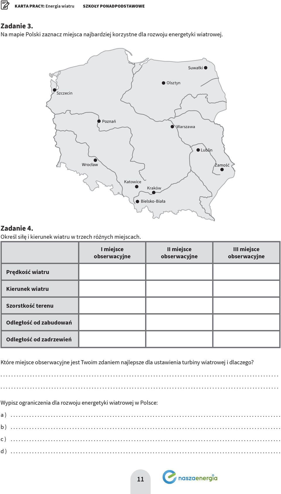 Prędkość wiatru I miejsce obserwacyjne II miejsce obserwacyjne III miejsce obserwacyjne Kierunek wiatru Szorstkość terenu Odległość od zabudowań Odległość od
