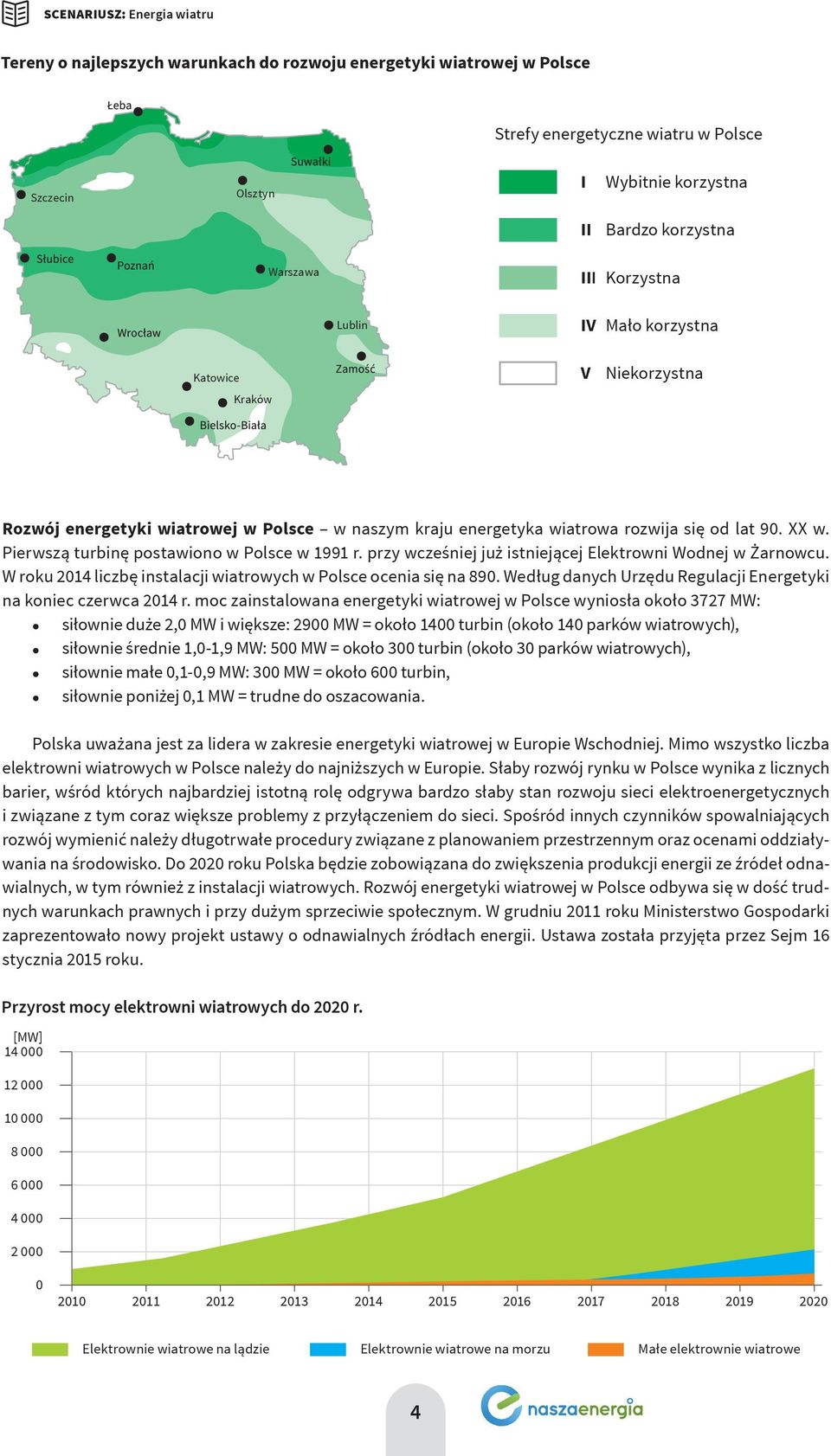 Pierwszą turbinę postawiono w Polsce w 1991 r. przy wcześniej już istniejącej Elektrowni Wodnej w Żarnowcu. W roku 2014 liczbę instalacji wiatrowych w Polsce ocenia się na 890.