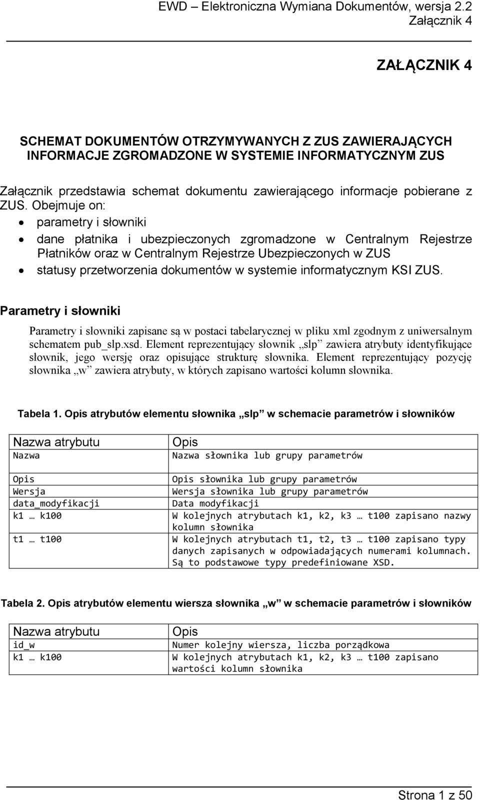 systemie informatycznym KSI ZUS. Parametry i słowniki Parametry i słowniki zapisane są w postaci tabelarycznej w pliku xml zgodnym z uniwersalnym schematem pub_slp.xsd.
