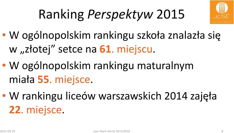 W ogólnopolskim rankingu maturalnym miała 55. miejsce.