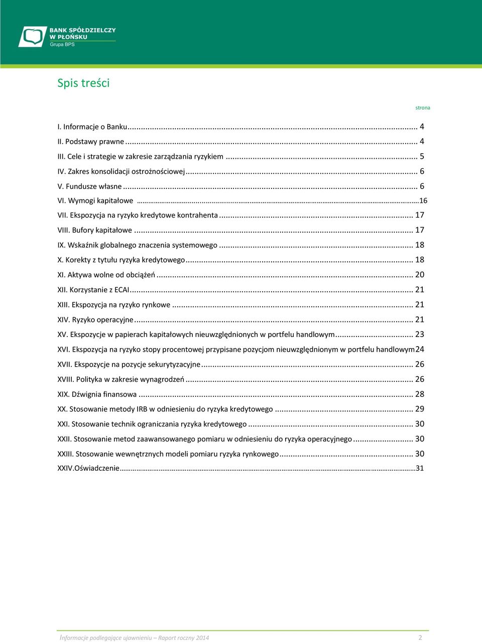 .. 18 XI. Aktywa wolne od obciążeń... 20 XII. Korzystanie z ECAI... 21 XIII. Ekspozycja na ryzyko rynkowe... 21 XIV. Ryzyko operacyjne... 21 XV.