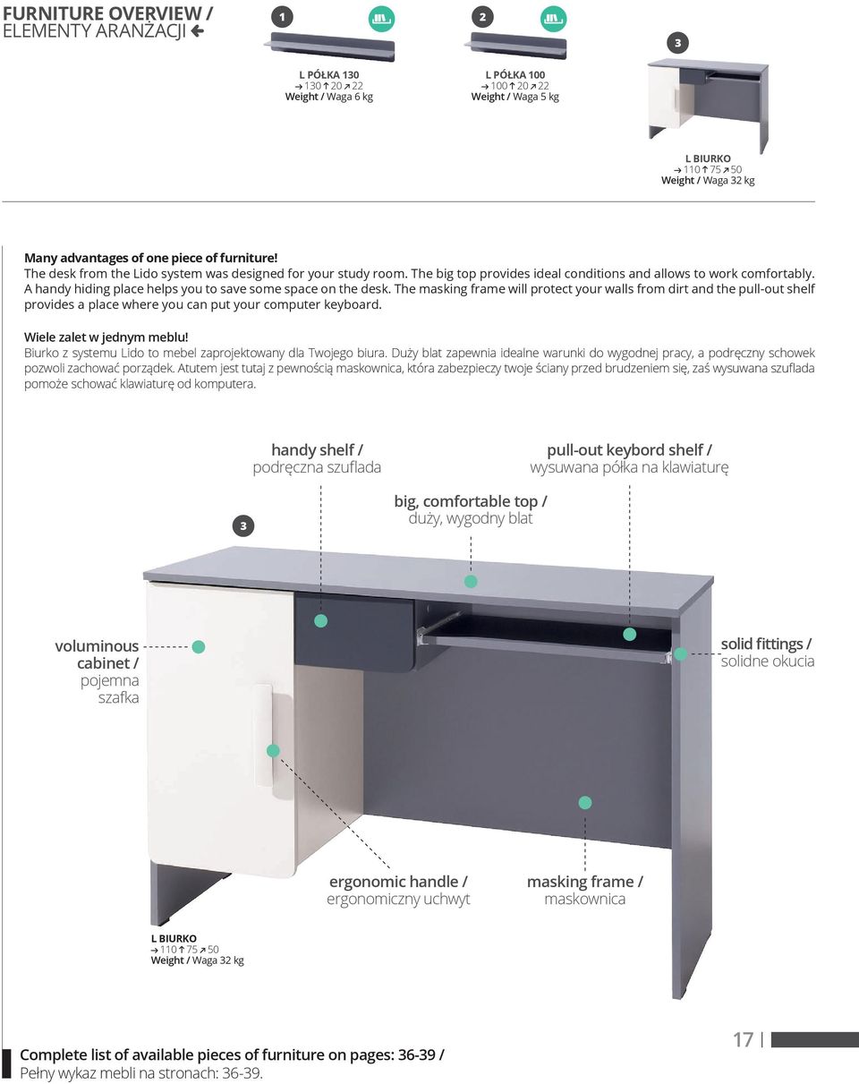 A handy hiding place helps you to save some space on the desk. The masking frame will protect your walls from dirt and the pull-out shelf provides a place where you can put your computer keyboard.