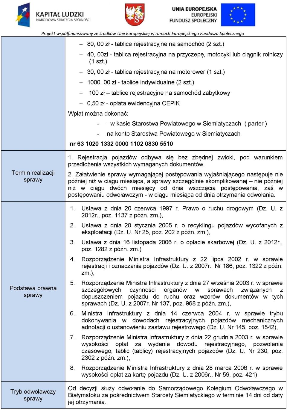 ) 100 zł tablice rejestracyjne na samochód zabytkowy 0,50 zł - opłata ewidencyjna CEPIK Wpłat można dokonać: - - w kasie Starostwa Powiatowego w Siemiatyczach ( parter ) - na konto Starostwa