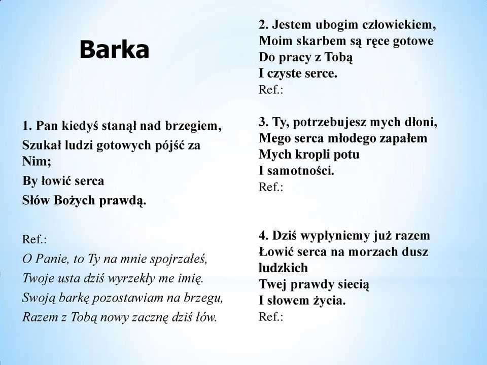 Ty, potrzebujesz mych dłoni, Mego serca młodego zapałem Mych kropli potu I samotności. Ref.: Ref.