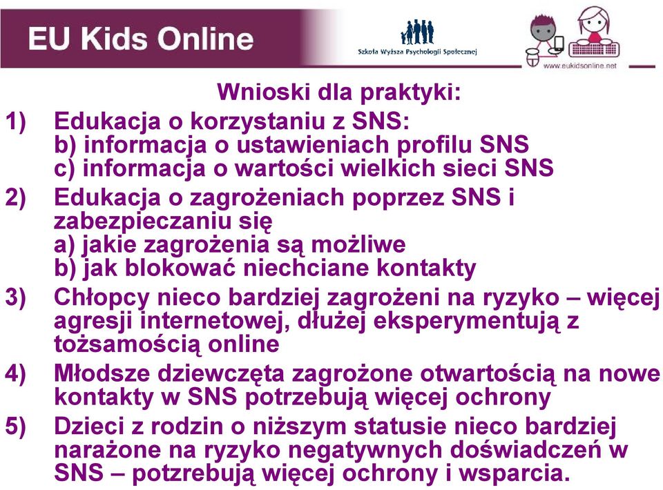 ryzyko więcej agresji internetowej, dłużej eksperymentują z tożsamością online 4) Młodsze dziewczęta zagrożone otwartością na nowe kontakty w SNS