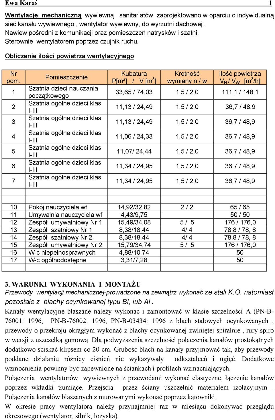 2 3 4 5 6 7 Pomieszczenie Szatnia dzieci nauczania początkowego Kubatura P[m²] / V [m 3 ] Krotność wymiany n / w Ilość powietrza V N / V W [m 3 /h] 33,65 / 74.