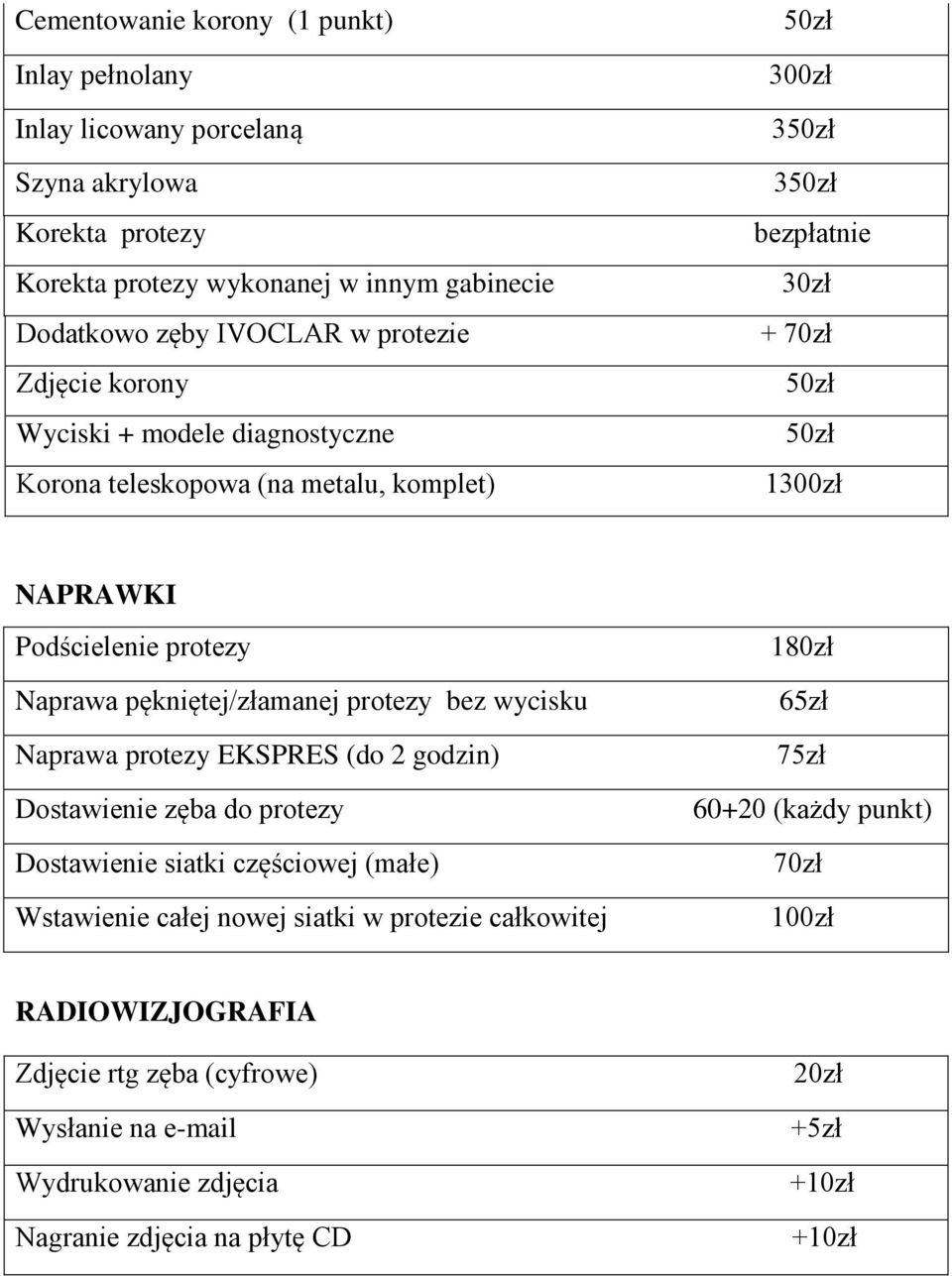 pękniętej/złamanej protezy bez wycisku Naprawa protezy EKSPRES (do 2 godzin) Dostawienie zęba do protezy Dostawienie siatki częściowej (małe) Wstawienie całej nowej siatki w