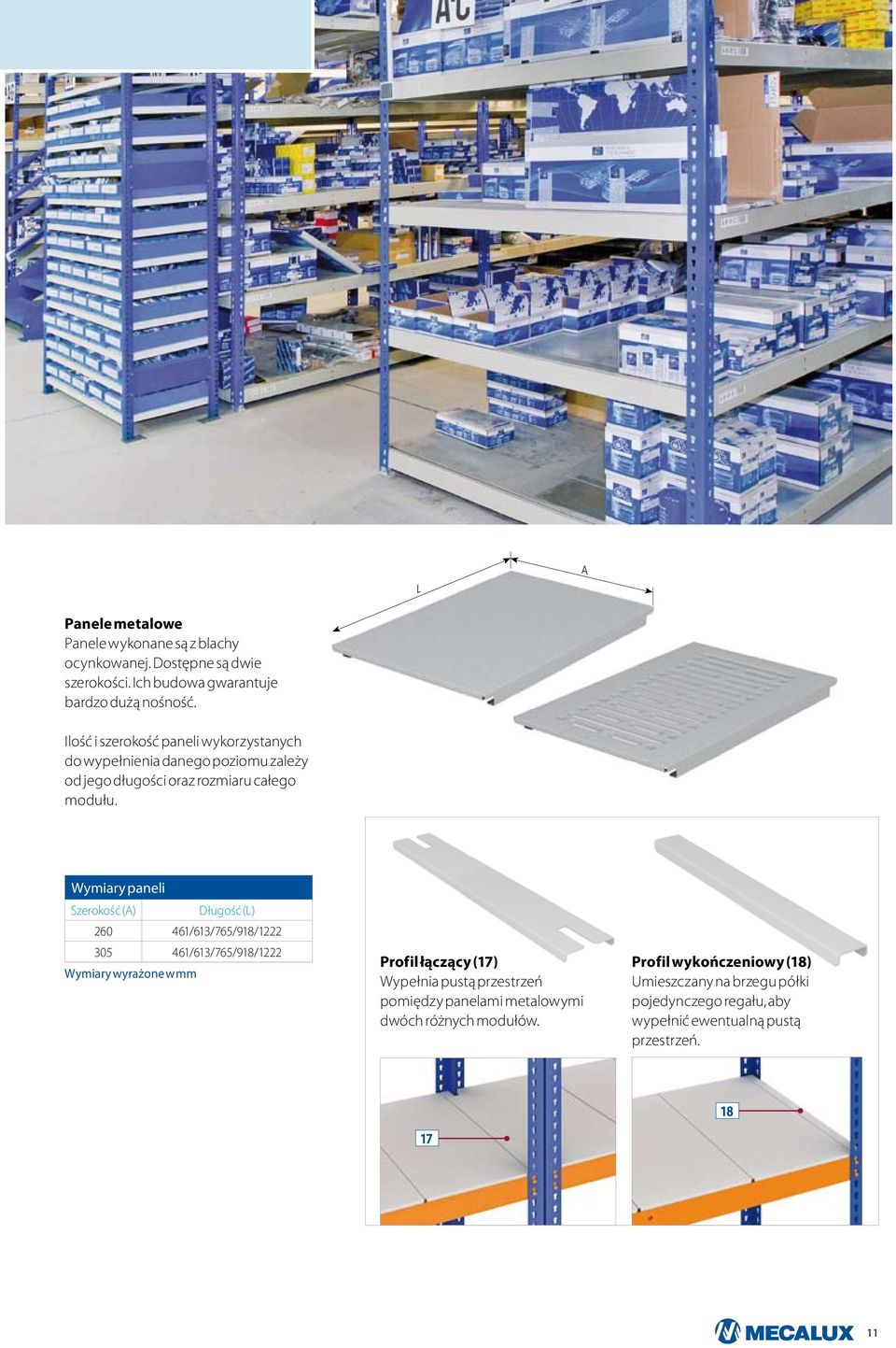 Wymiary paneli Szerokość (A) Długość (L) 260 461/613/765/918/1222 305 461/613/765/918/1222 Wymiary wyrażone w mm Profil łączący (17) Wypełnia pustą