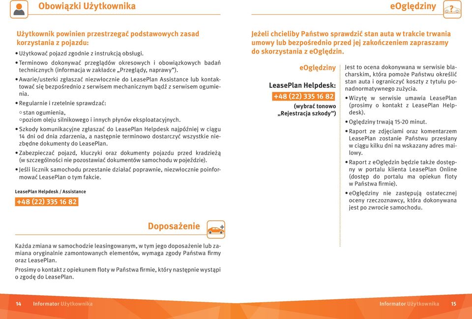 Awarie/usterki zgłaszać niezwłocznie do LeasePlan Assistance lub kontaktować się bezpośrednio z serwisem mechanicznym bądź z serwisem ogumienia.