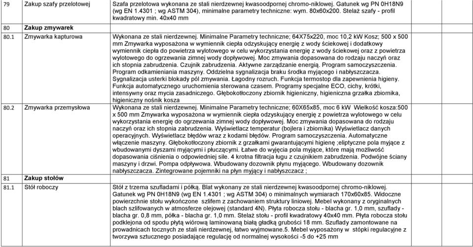 Minimalne Parametry techniczne; 64X75x220, moc 10,2 kw Kosz; 500 x 500 mm Zmywarka wyposażona w wymiennik ciepła odzyskujący energię z wody ściekowej i dodatkowy wymiennik ciepła do powietrza