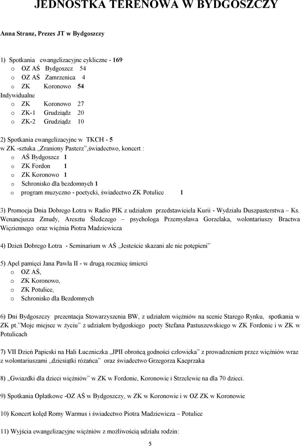bezdomnych 1 o program muzyczno - poetycki, świadectwo ZK Potulice 1 3) Promocja Dnia Dobrego Łotra w Radio PIK z udziałem przedstawiciela Kurii - Wydziału Duszpasterstwa Ks.