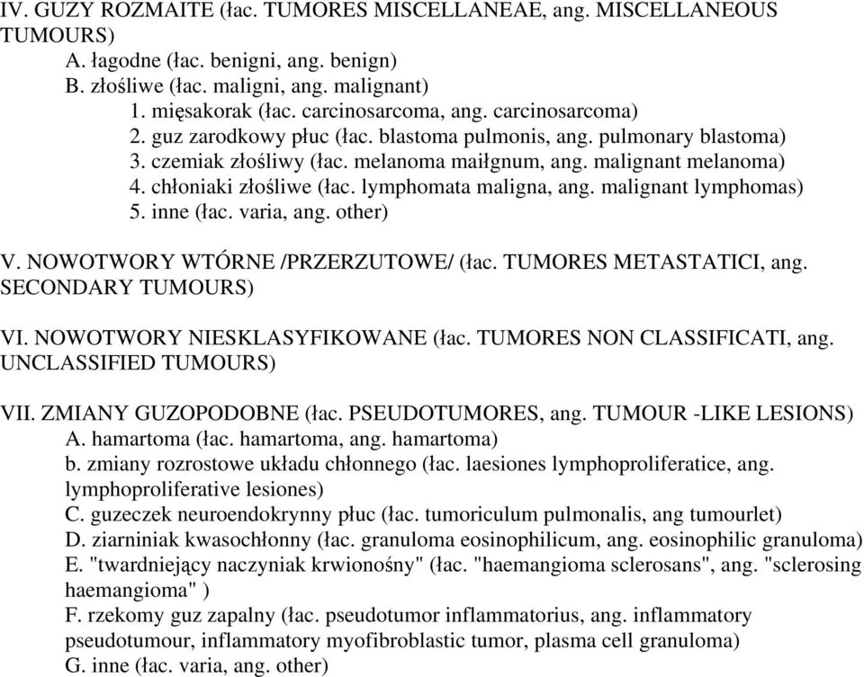 lymphomata maligna, ang. malignant lymphomas) 5. inne (łac. varia, ang. other) V. NOWOTWORY WTÓRNE /PRZERZUTOWE/ (łac. TUMORES METASTATICI, ang. SECONDARY TUMOURS) VI.