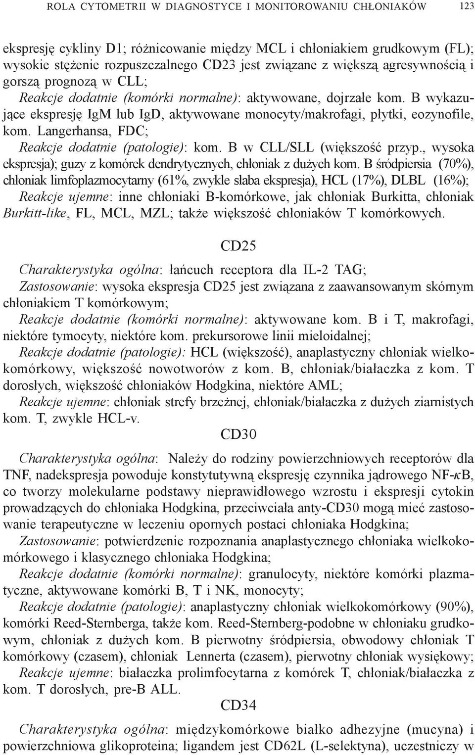 Langerhansa, FDC; Reakcje dodatnie (patologie): kom. B w CLL/SLL (wiêkszoœæ przyp., wysoka ekspresja); guzy z komórek dendrytycznych, ch³oniak z du ych kom.