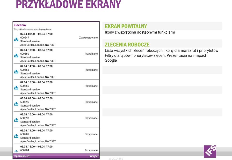 zleceń roboczych, ikony dla marszrut i priorytetów Filtry