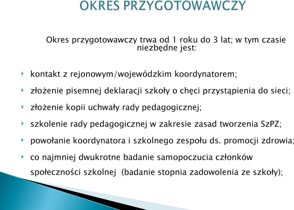 pedagogicznej; szkolenie rady pedagogicznej w zakresie zasad tworzenia SzPZ; powołanie koordynatora i szkolnego