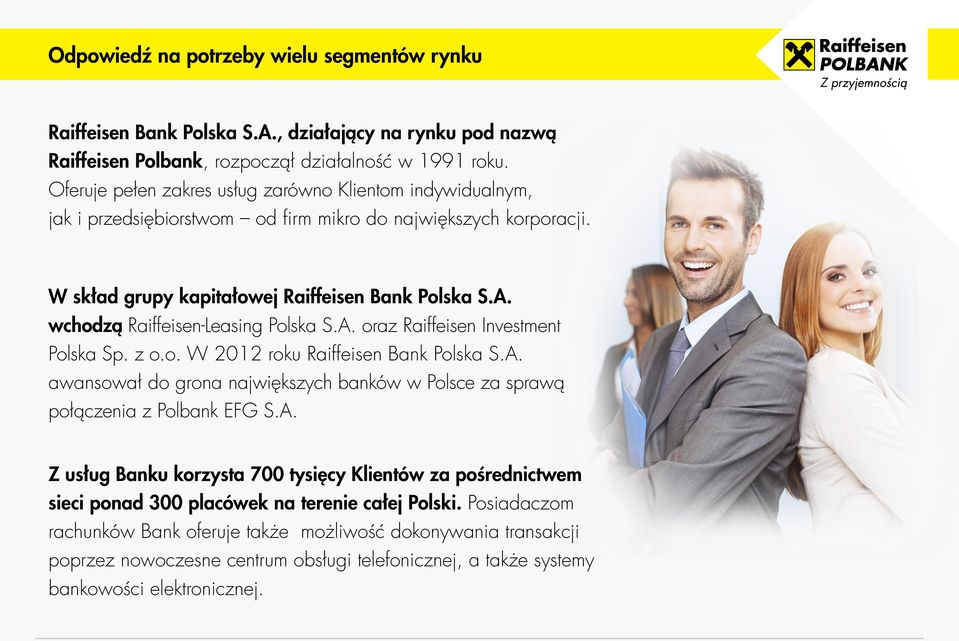 wchodzą Raiffeisen-Leasing Polska S.A. oraz Raiffeisen Investment Polska Sp. z o.o. W 2012 roku Raiffeisen Bank Polska S.A. awansował do grona największych banków w Polsce za sprawą połączenia z Polbank EFG S.