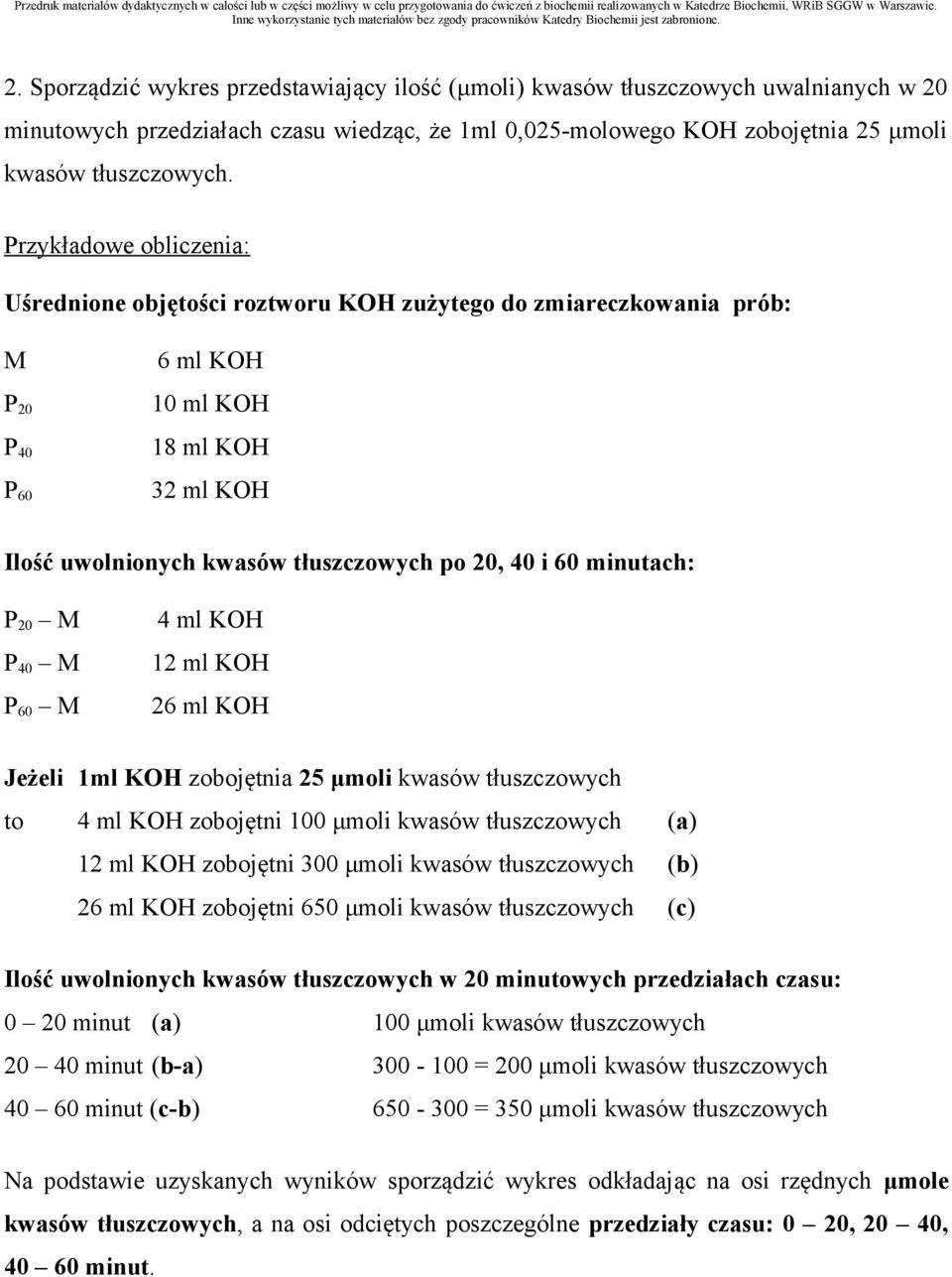 60 minutach: P 20 M 4 ml KOH P 40 M 12 ml KOH P 60 M 26 ml KOH Jeżeli 1ml KOH zobojętnia 25 μmoli kwasów tłuszczowych to 4 ml KOH zobojętni 100 μmoli kwasów tłuszczowych (a) 12 ml KOH zobojętni 300