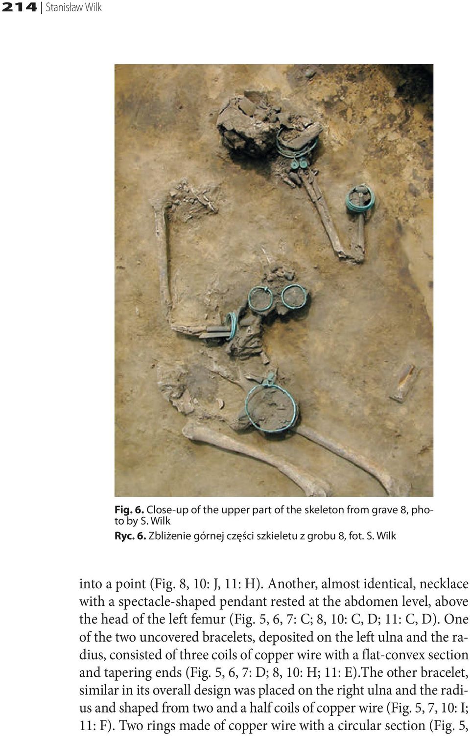 One of the two uncovered bracelets, deposited on the left ulna and the radius, consisted of three coils of copper wire with a flat-convex section and tapering ends (Fig. 5, 6, 7: D; 8, 10: H; 11: E).
