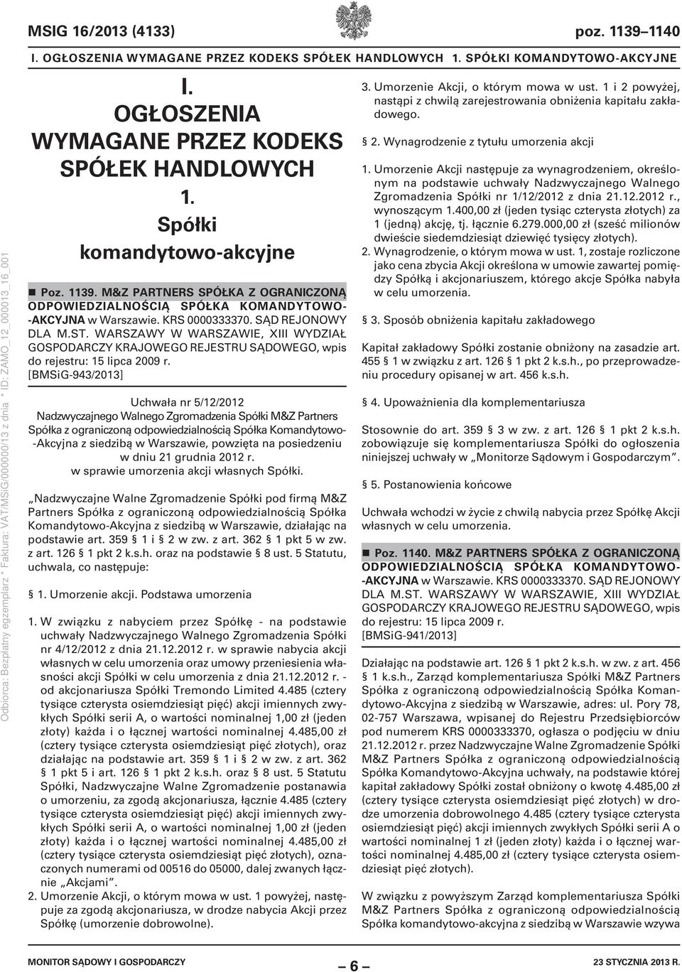 WARSZAWY W WARSZAWIE, XIII WYDZIAŁ GOSPO wpis do rejestru: 15 lipca 2009 r.