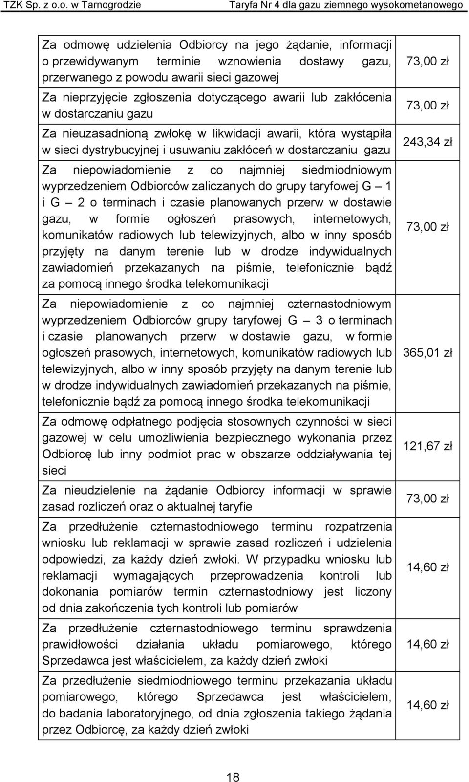 siedmiodniowym wyprzedzeniem Odbiorców zaliczanych do grupy taryfowej G 1 i G 2 o terminach i czasie planowanych przerw w dostawie gazu, w formie ogłoszeń prasowych, internetowych, komunikatów